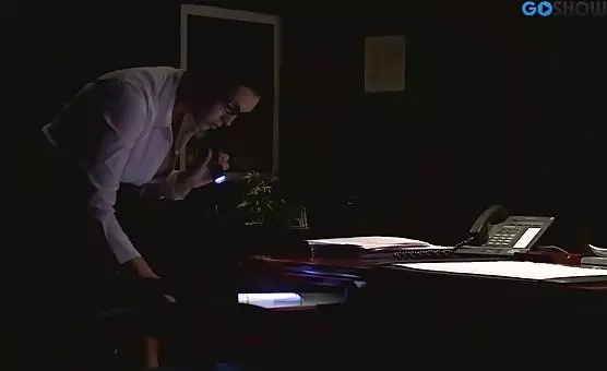 Busty Brunette Fucks on Desk with Hung Dude