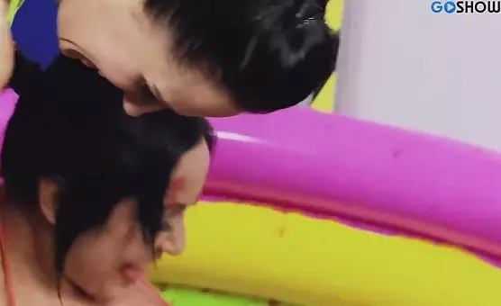 Happy Brunette Lesbians Fingering Pool